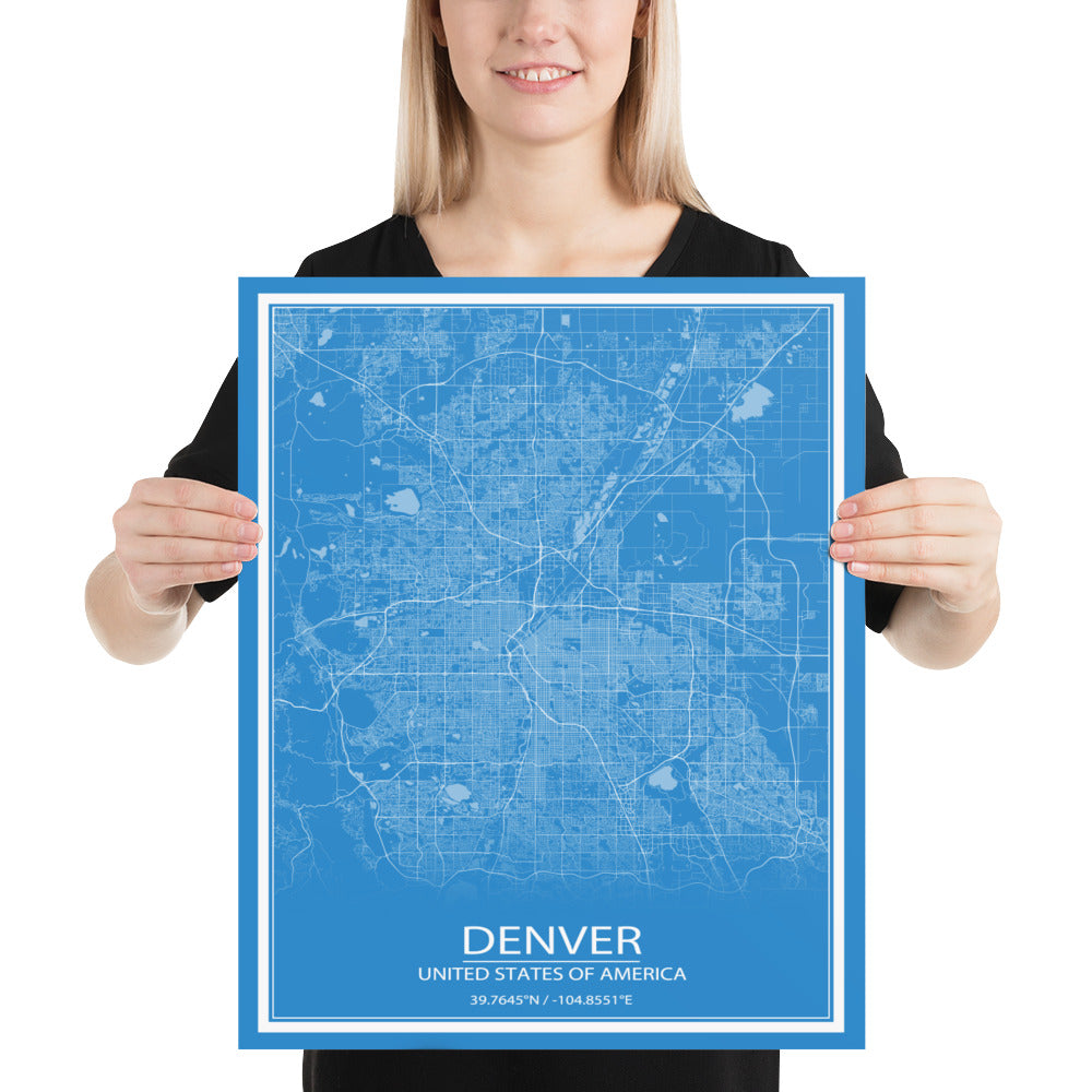 Denver Blue and White Paper Map