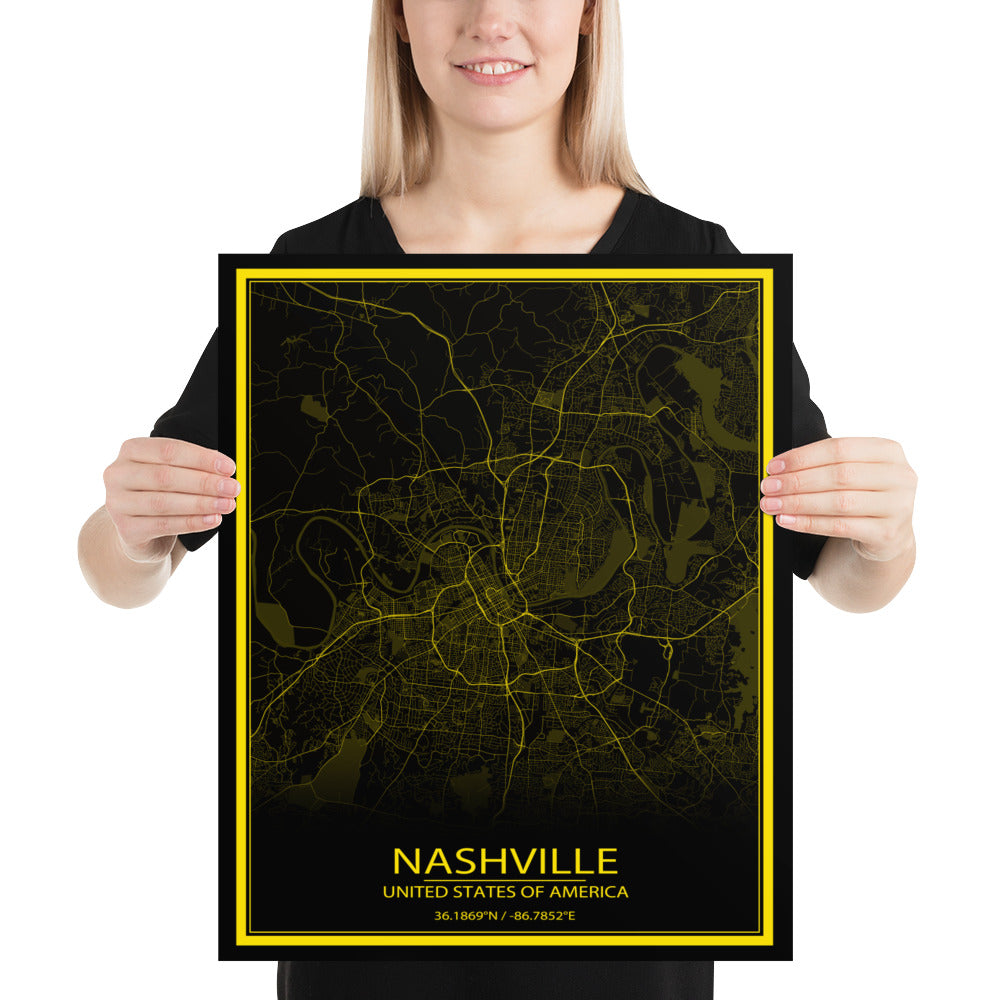 Nashville Black and Yellow Paper Map