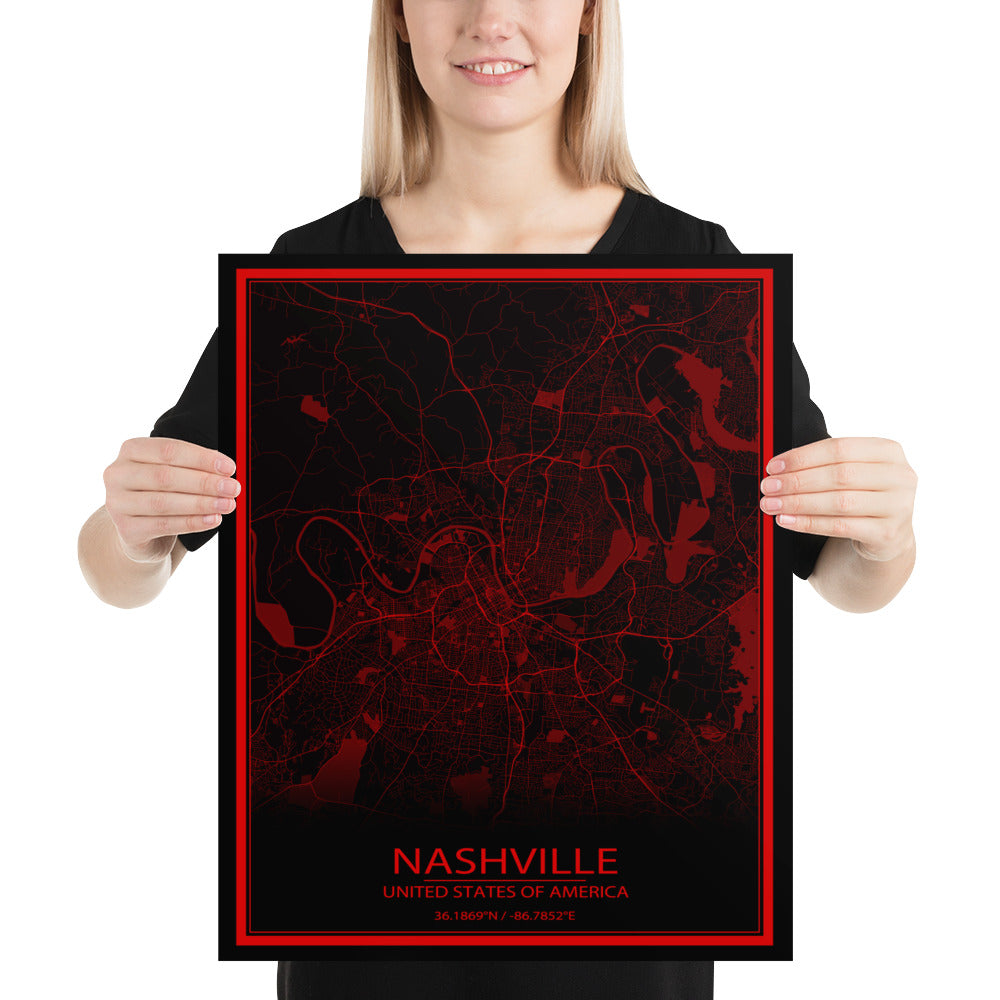 Nashville Black and Red Paper Map