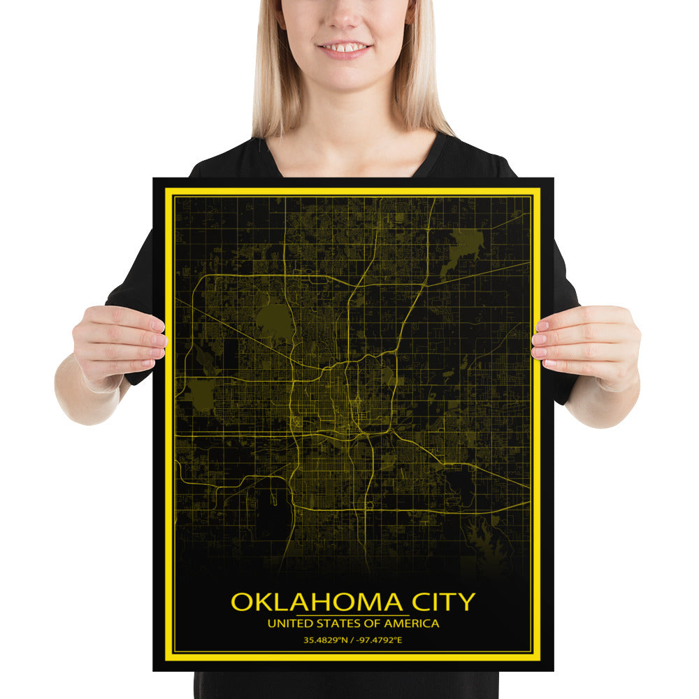 Oklahoma City Black and Yellow Paper Map