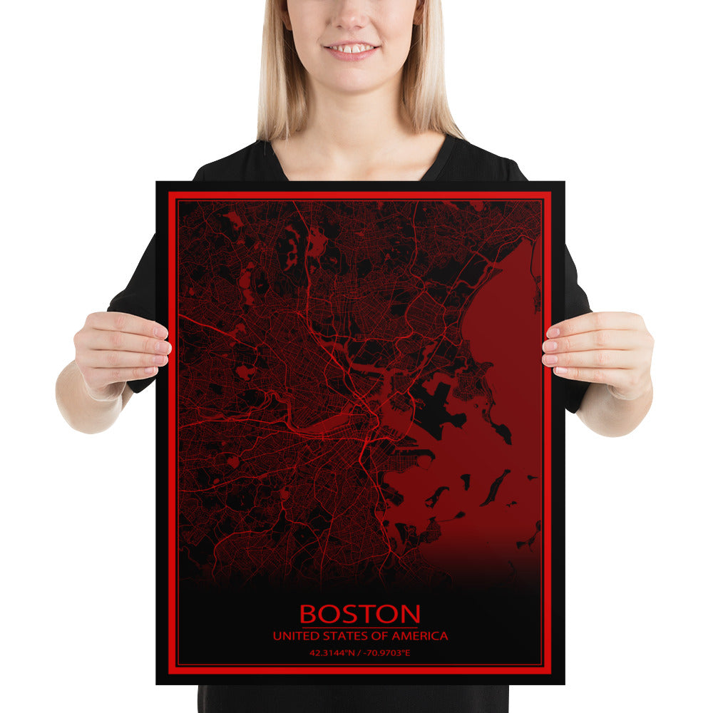 Boston Black and Red Paper Map