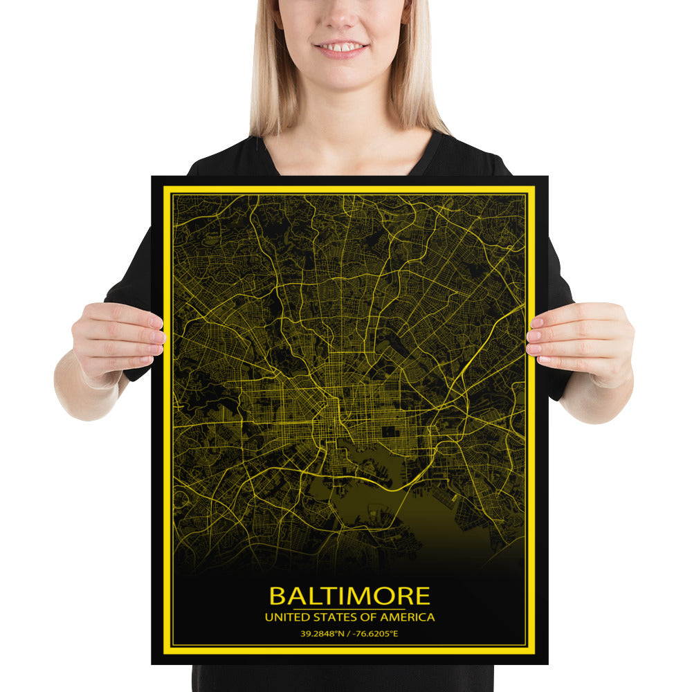 Baltimore Black and Yellow Paper Map