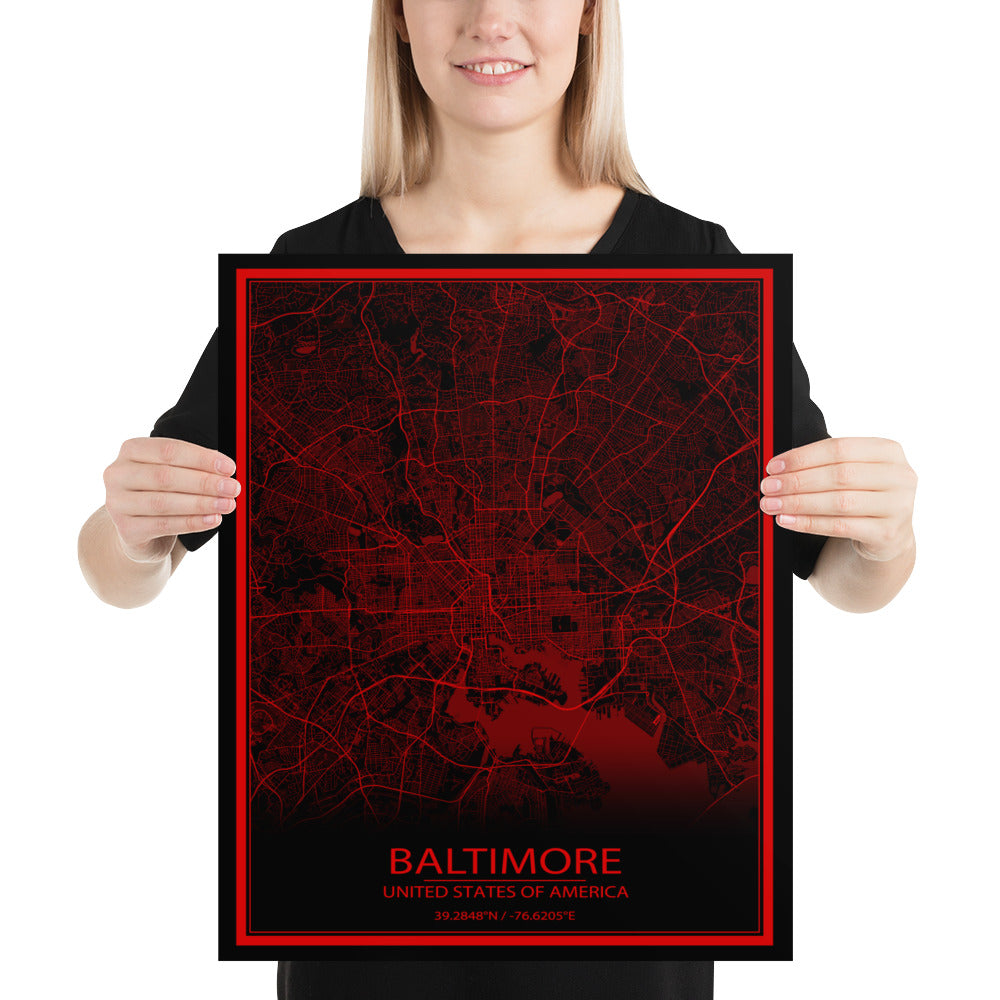 Baltimore Black and Red Paper Map