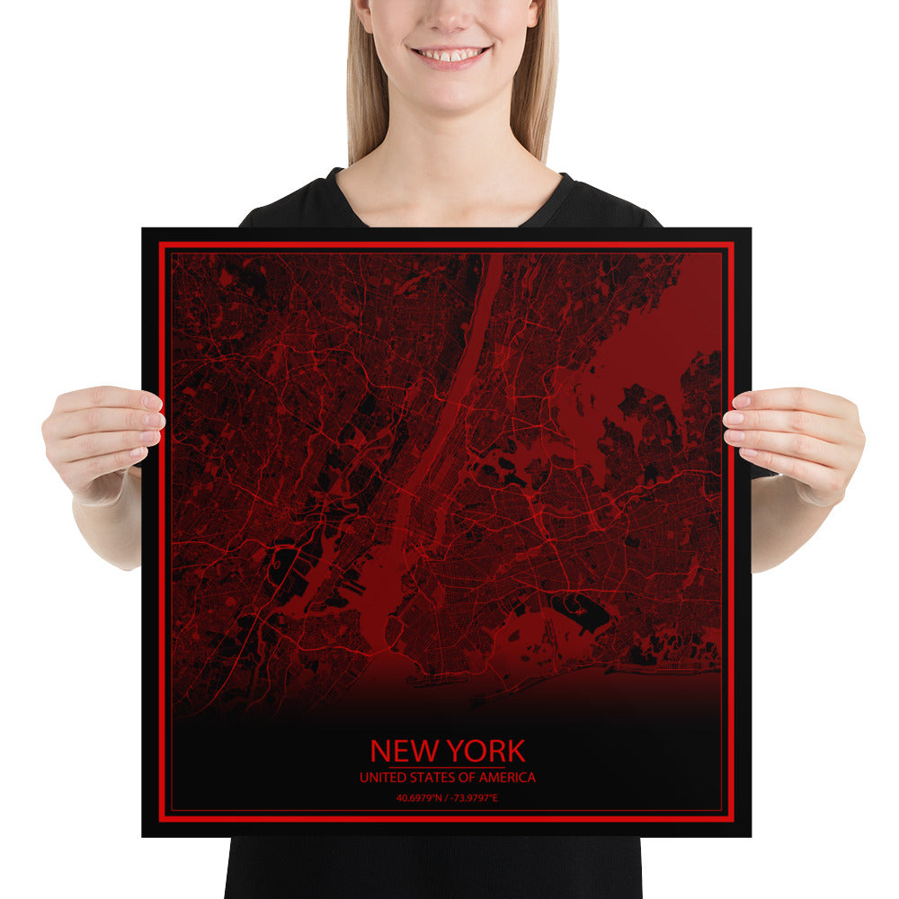 New York Black and Red Paper Map