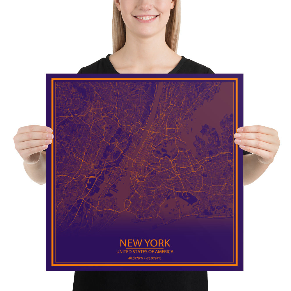 New York Purple and Orange Paper Map