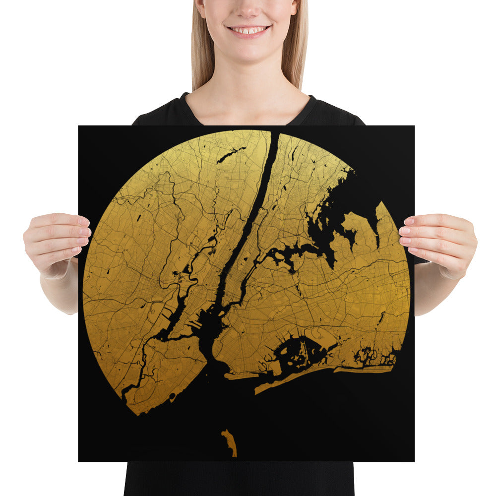 New York Gold on Black Paper Map