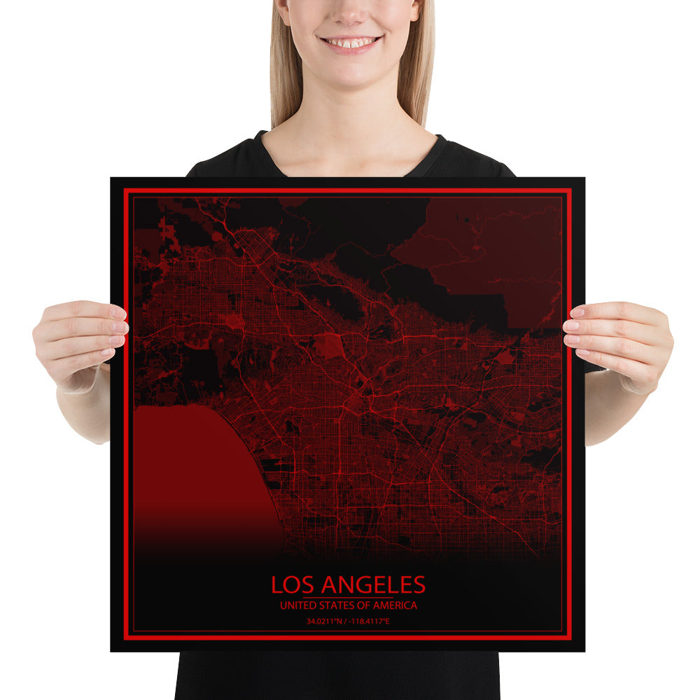 Los Angeles Black and Red Paper Map