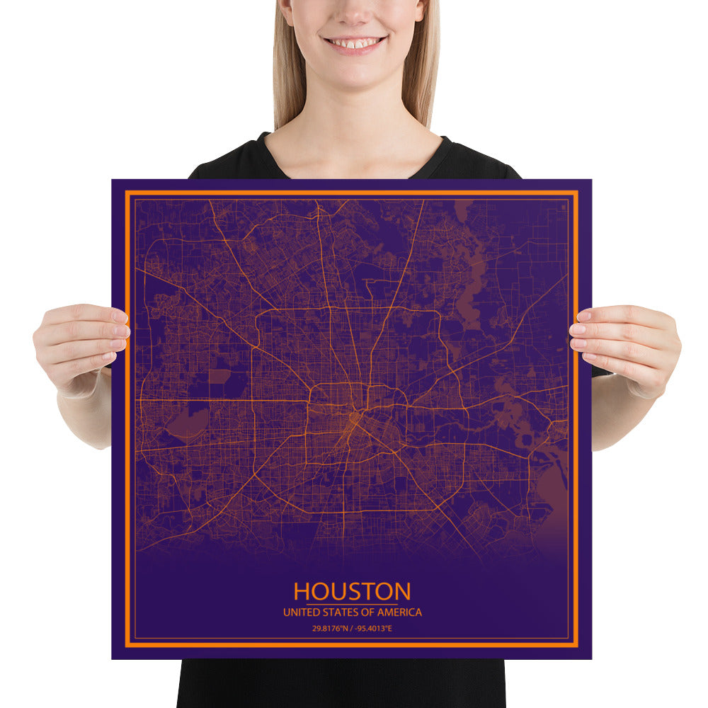 Houston Purple and Orange Paper Map