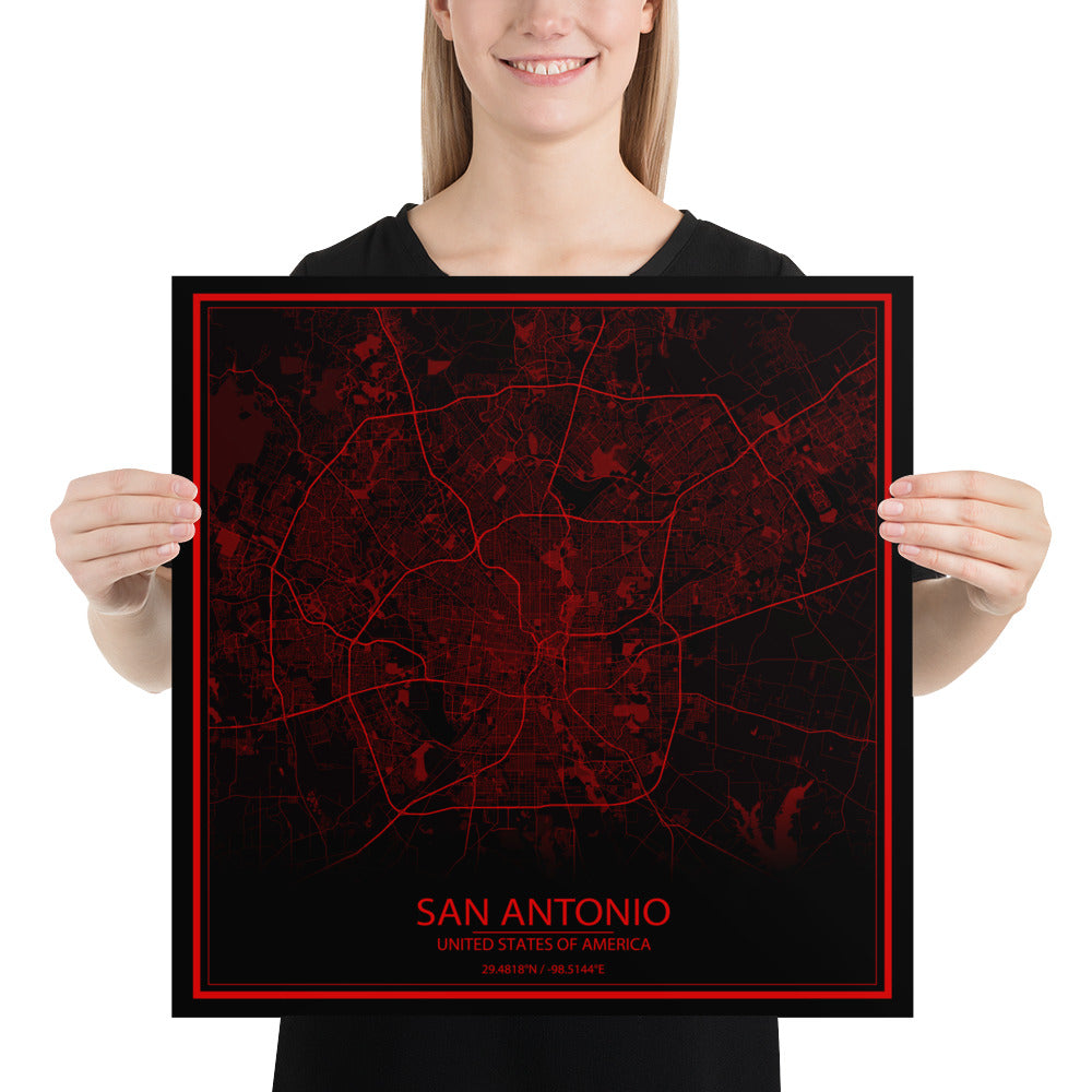 San Antonio Black and Red Paper Map