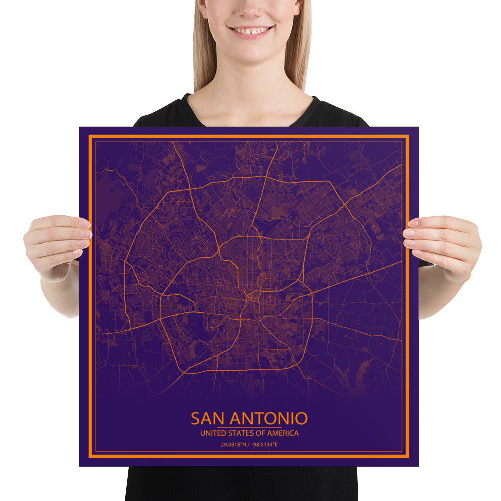 San Antonio Purple and Orange Paper Map