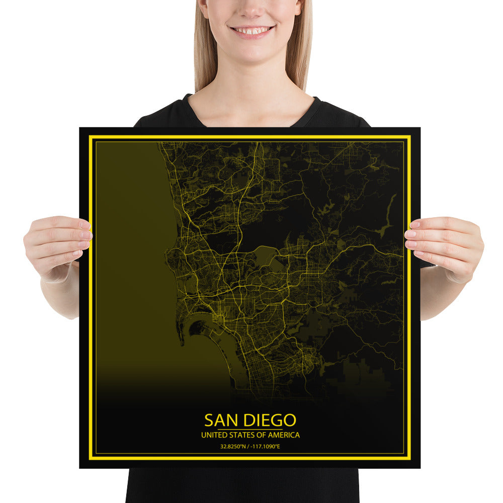 San Diego Black and Yellow Paper Map