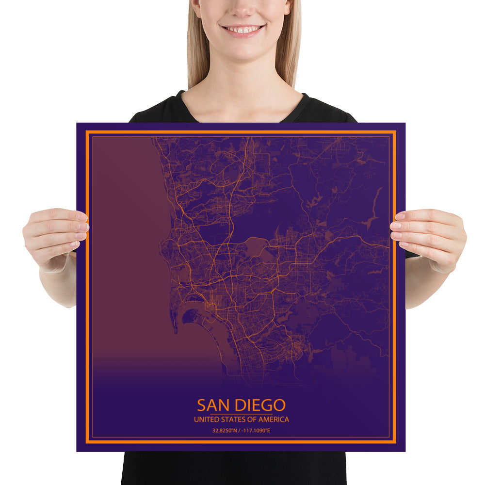 San Diego Purple and Orange Paper Map