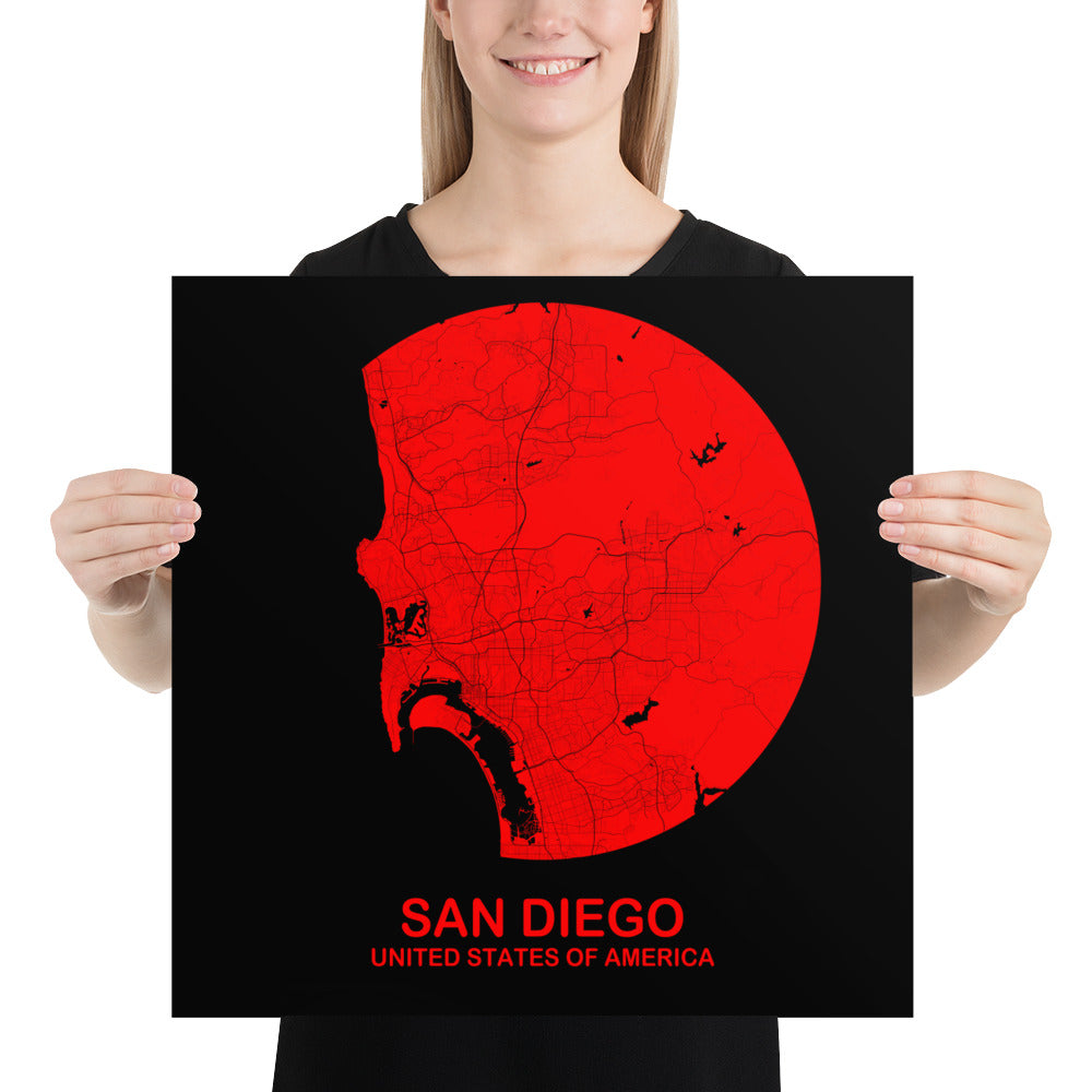 San Diego Circular Red Paper Map