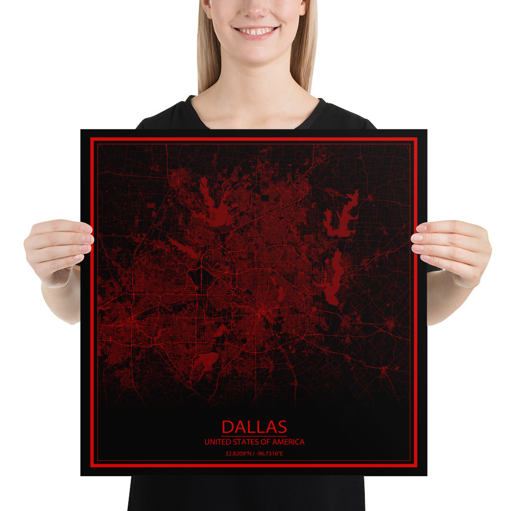 Dallas Black and Red Paper Map