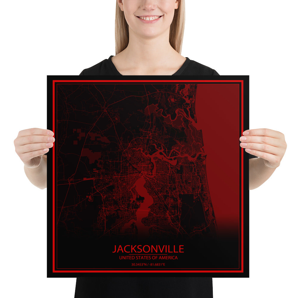 Jacksonville Black and Red Paper Map