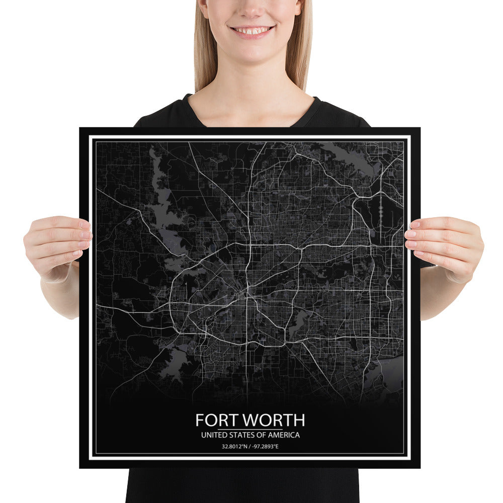 Fort Worth Black Paper Map