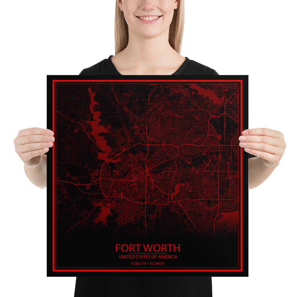 Fort Worth Black and Red Paper Map