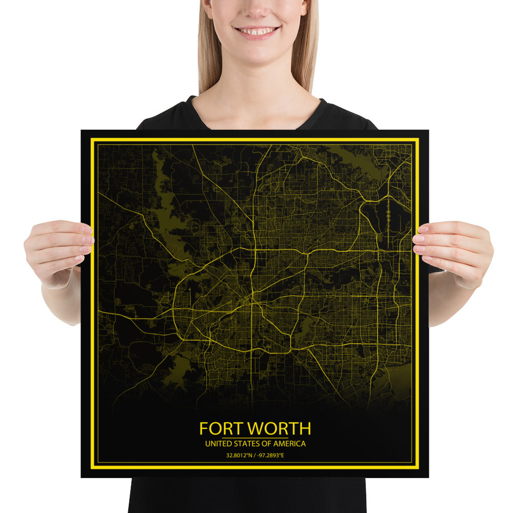 Fort Worth Black and Yellow Paper Map