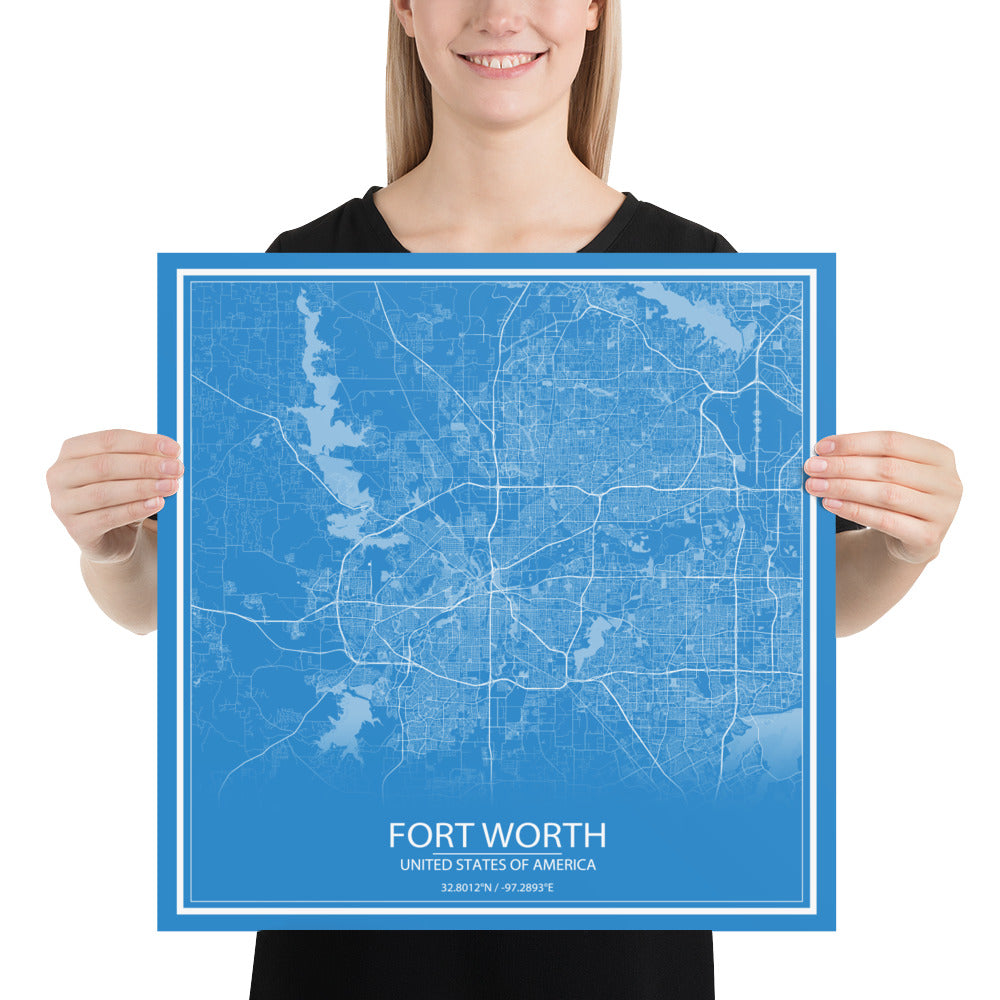 Fort Worth Blue and White Paper Map