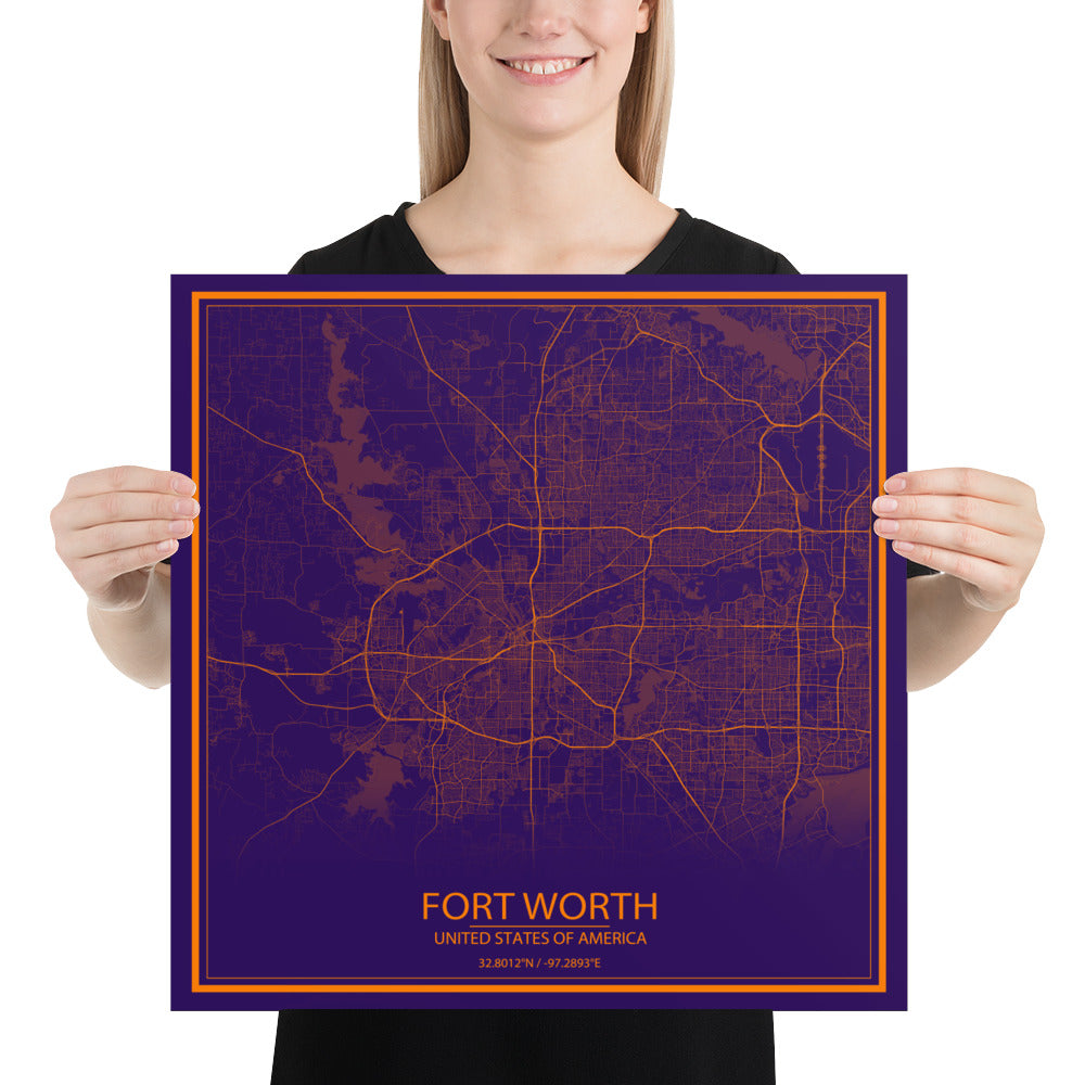 Fort Worth Purple and Orange Paper Map