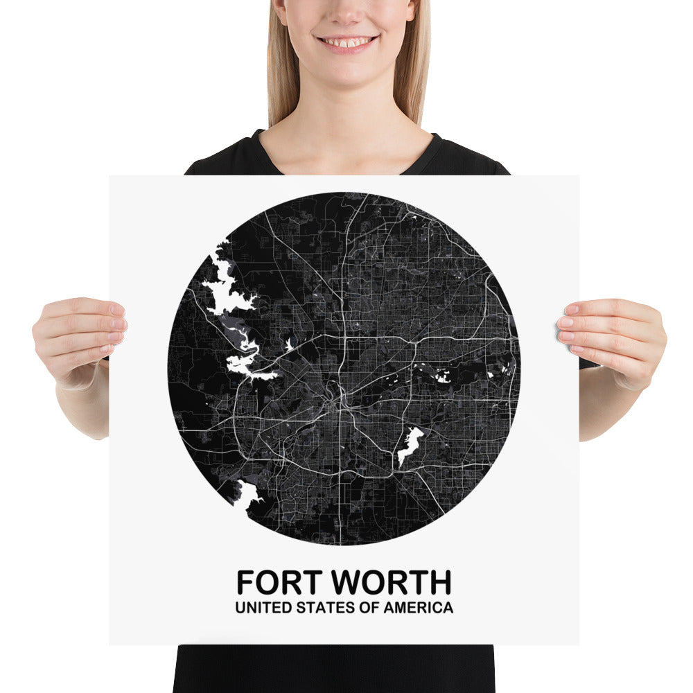 Fort Worth Circular Black Paper Map