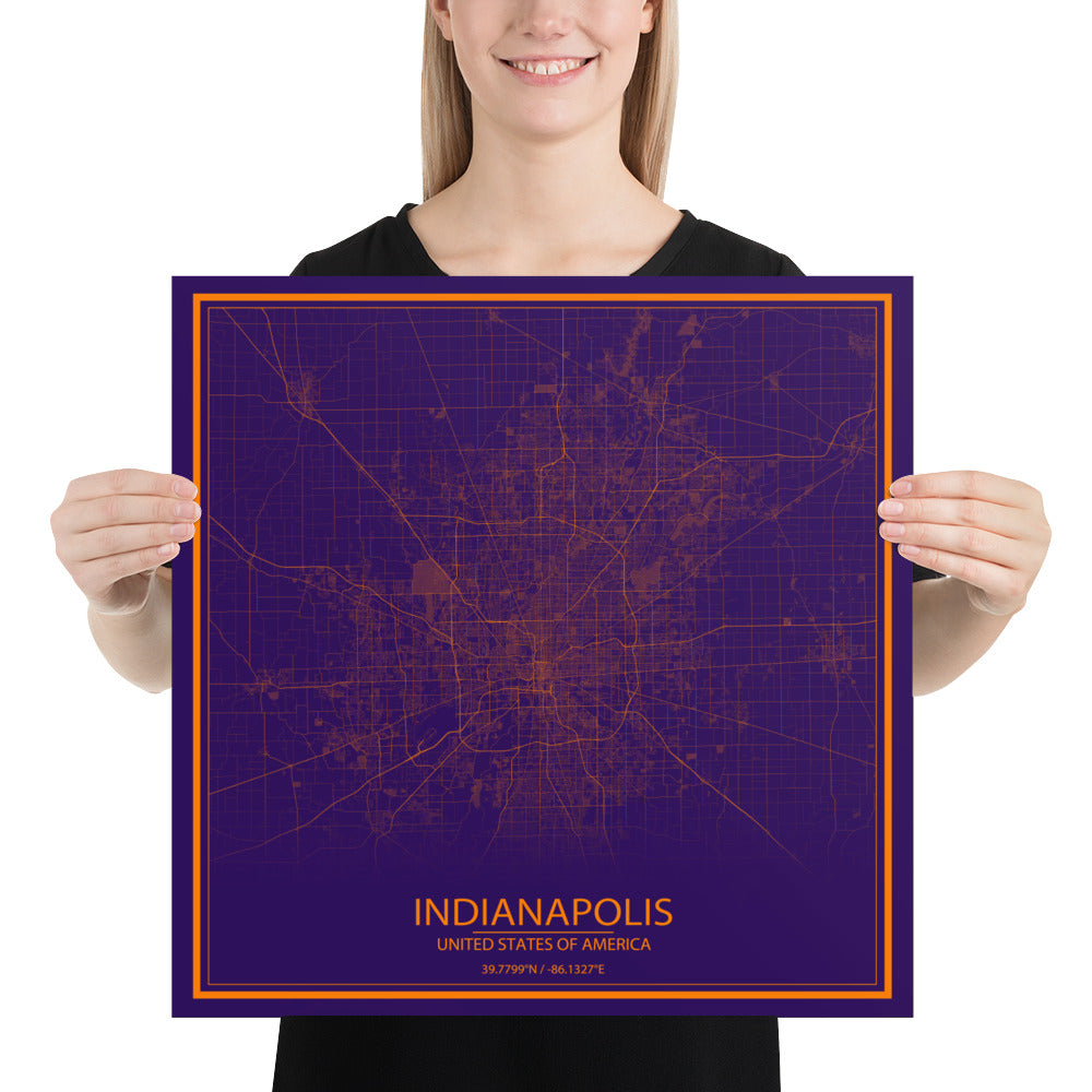 Indianapolis Purple and Orange Paper Map