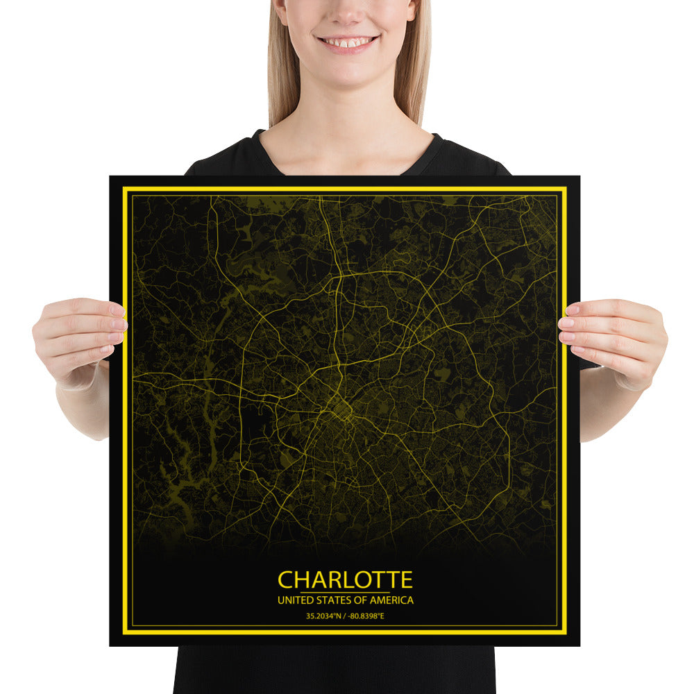 Charlotte Black and Yellow Paper Map