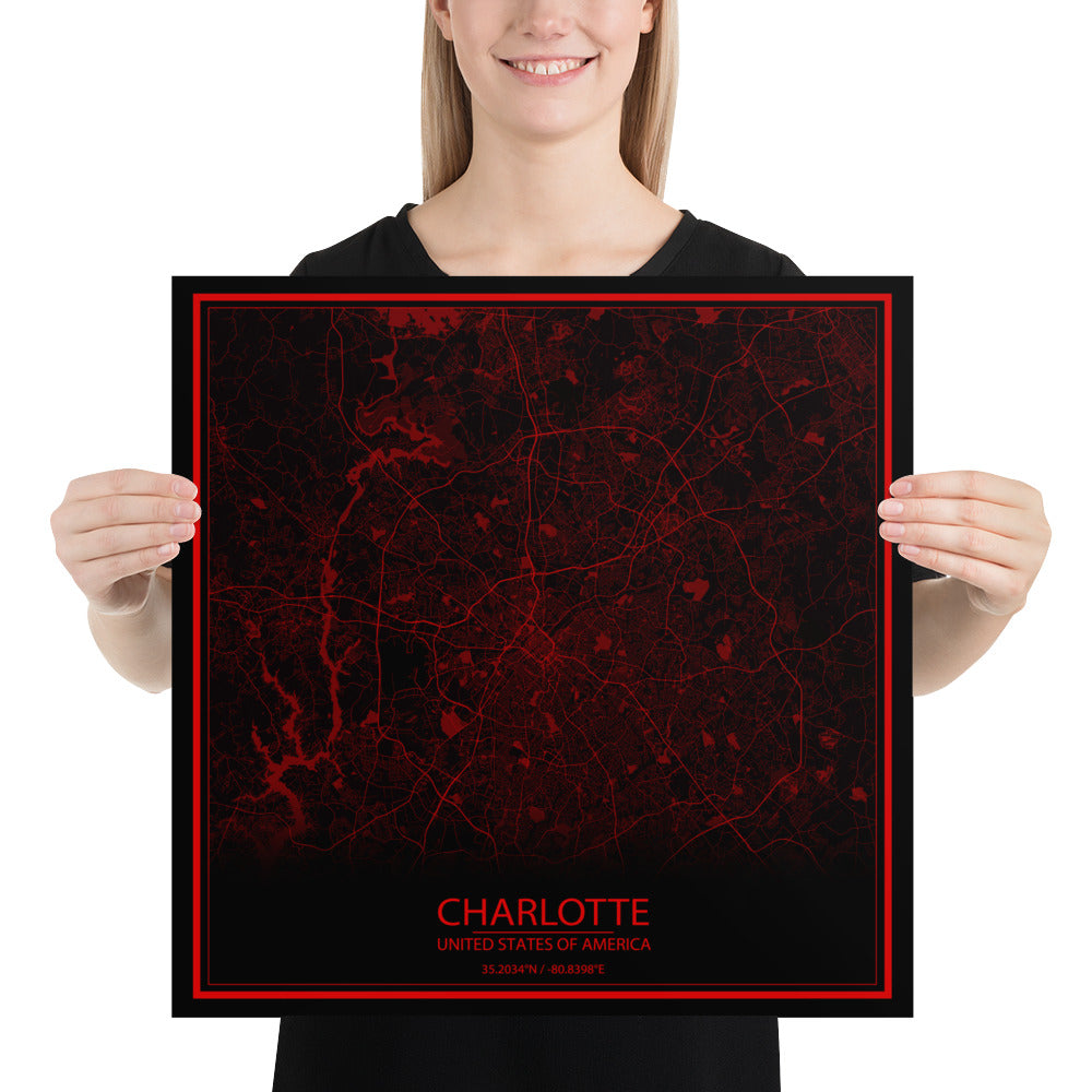 Charlotte Black and Red Paper Map