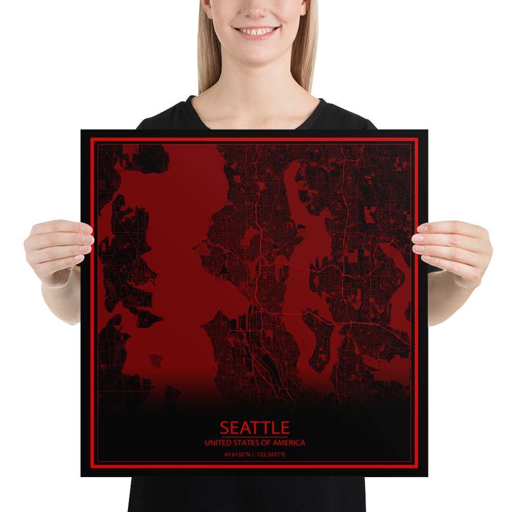 Seattle Black and Red Paper Map