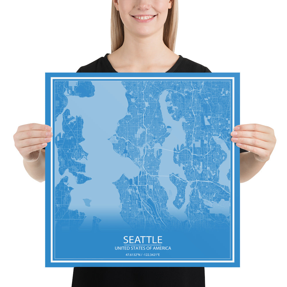 Seattle Blue and White Paper Map