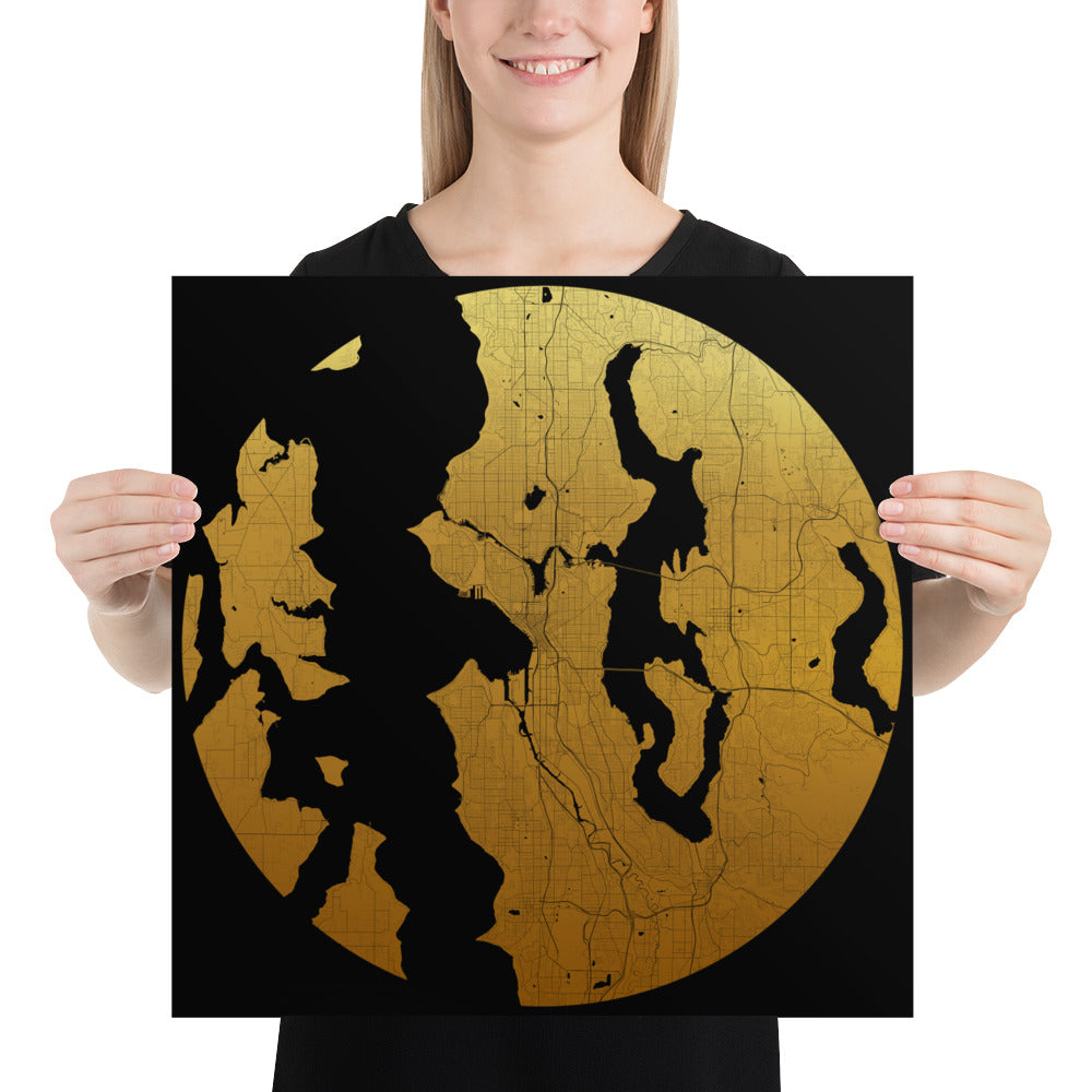 Seattle Gold on Black Paper Map