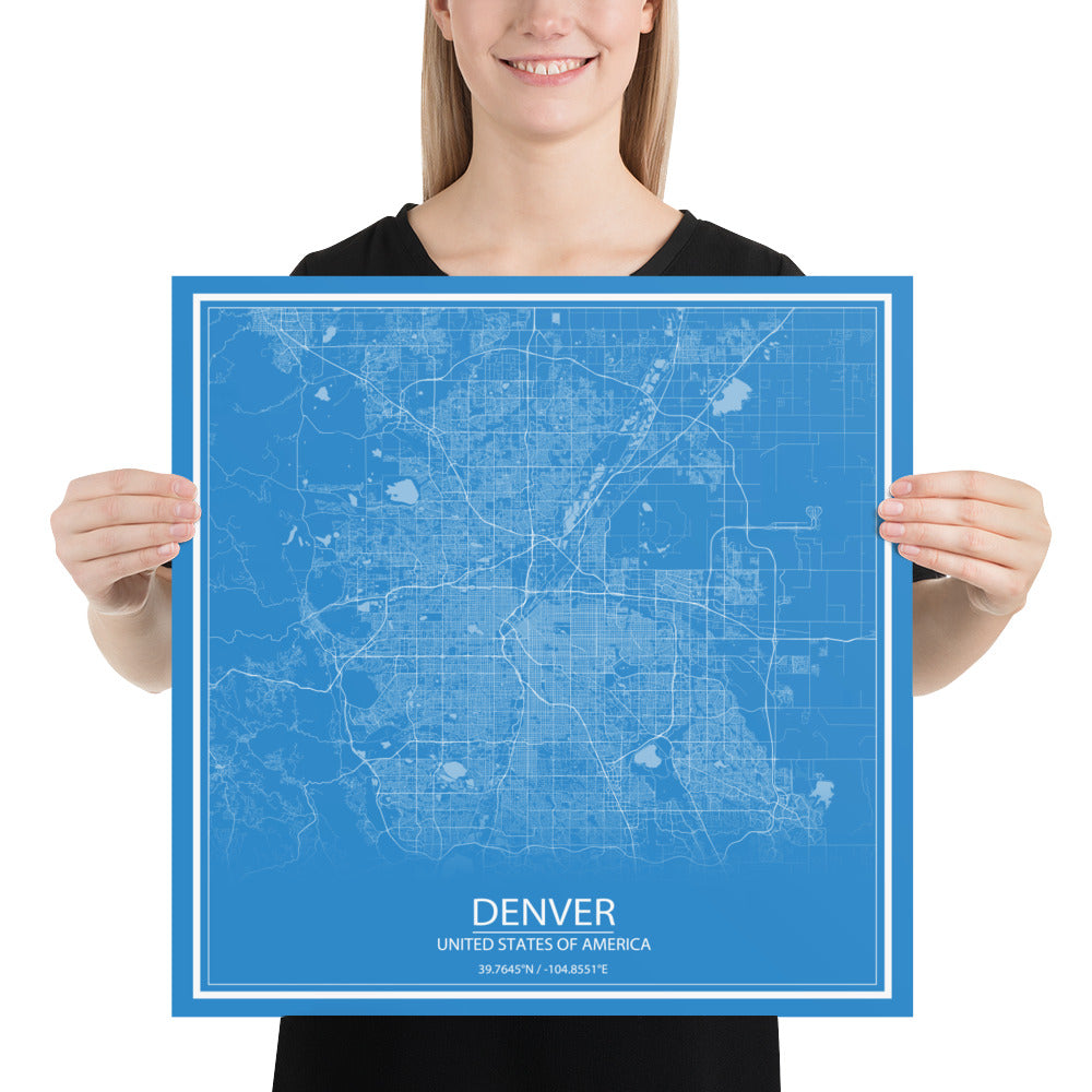 Denver Blue and White Paper Map