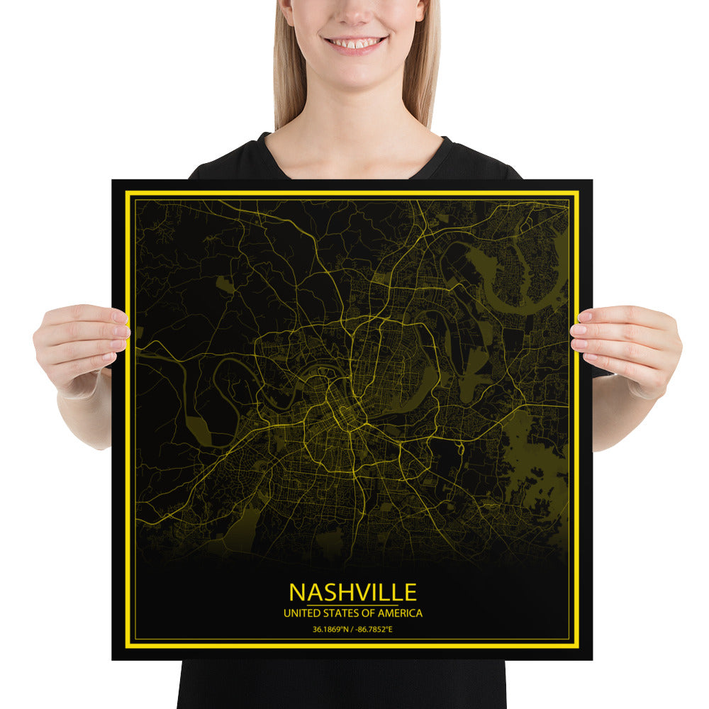 Nashville Black and Yellow Paper Map