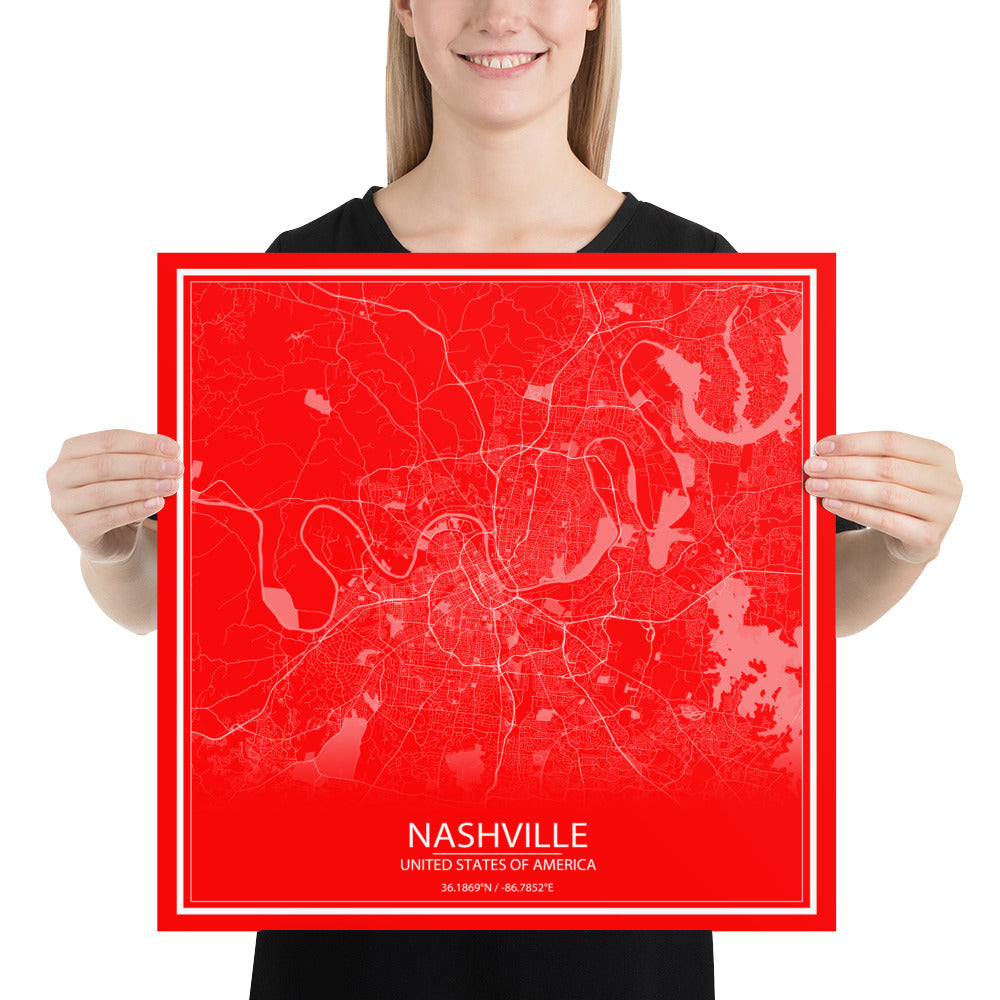 Nashville Red and White Paper Map