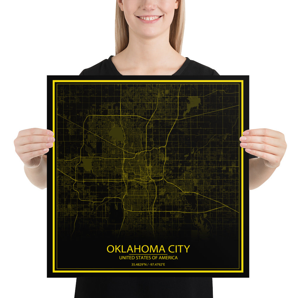 Oklahoma City Black and Yellow Paper Map