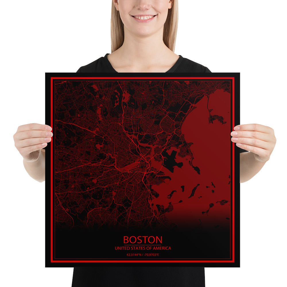 Boston Black and Red Paper Map