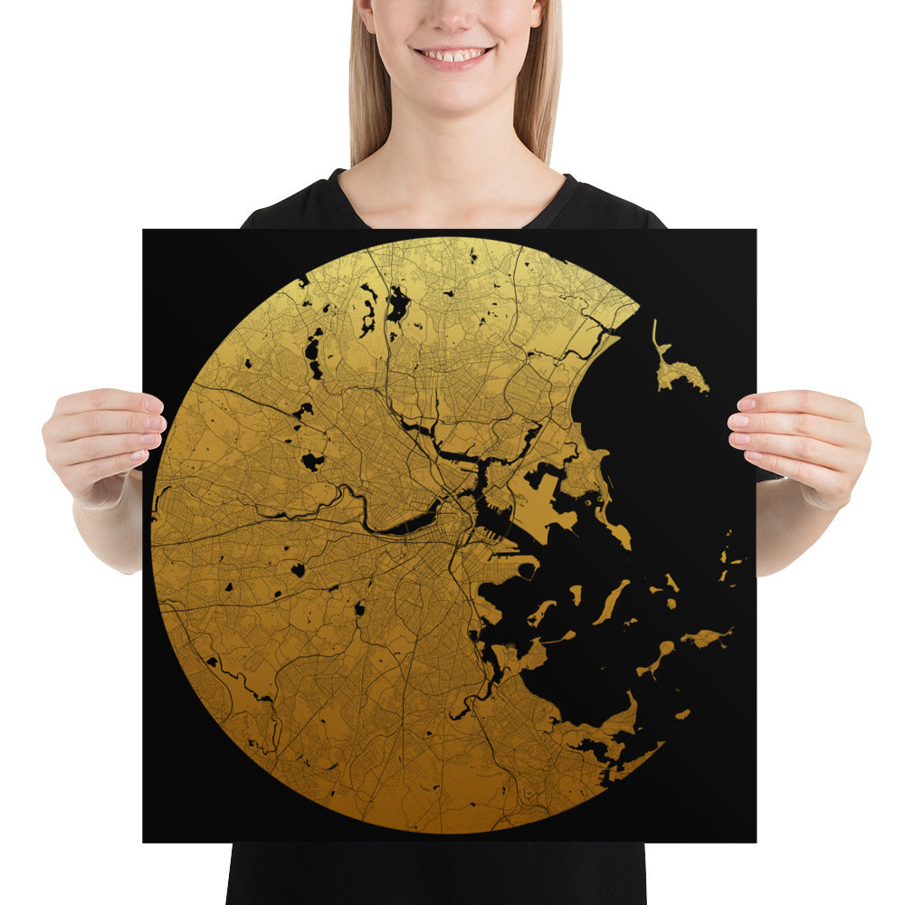 Boston Gold on Black Paper Map