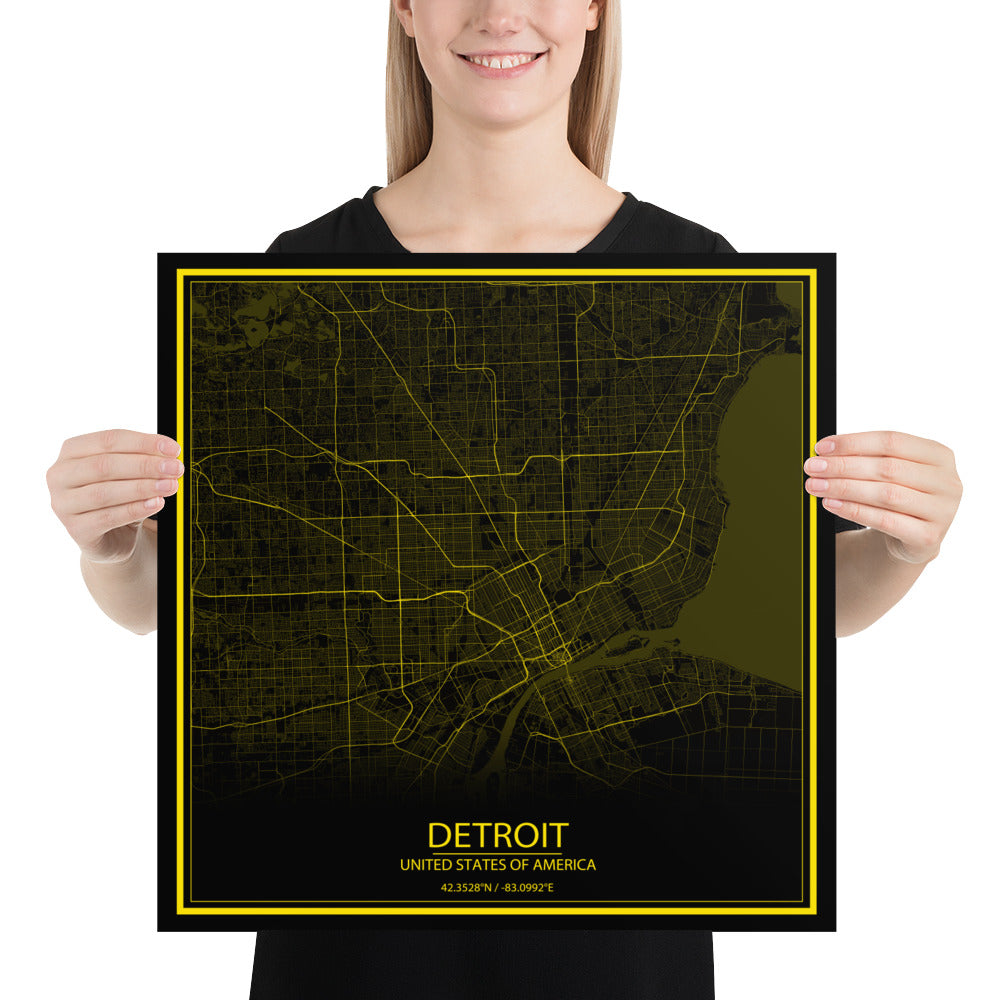 Detroit Black and Yellow Paper Map