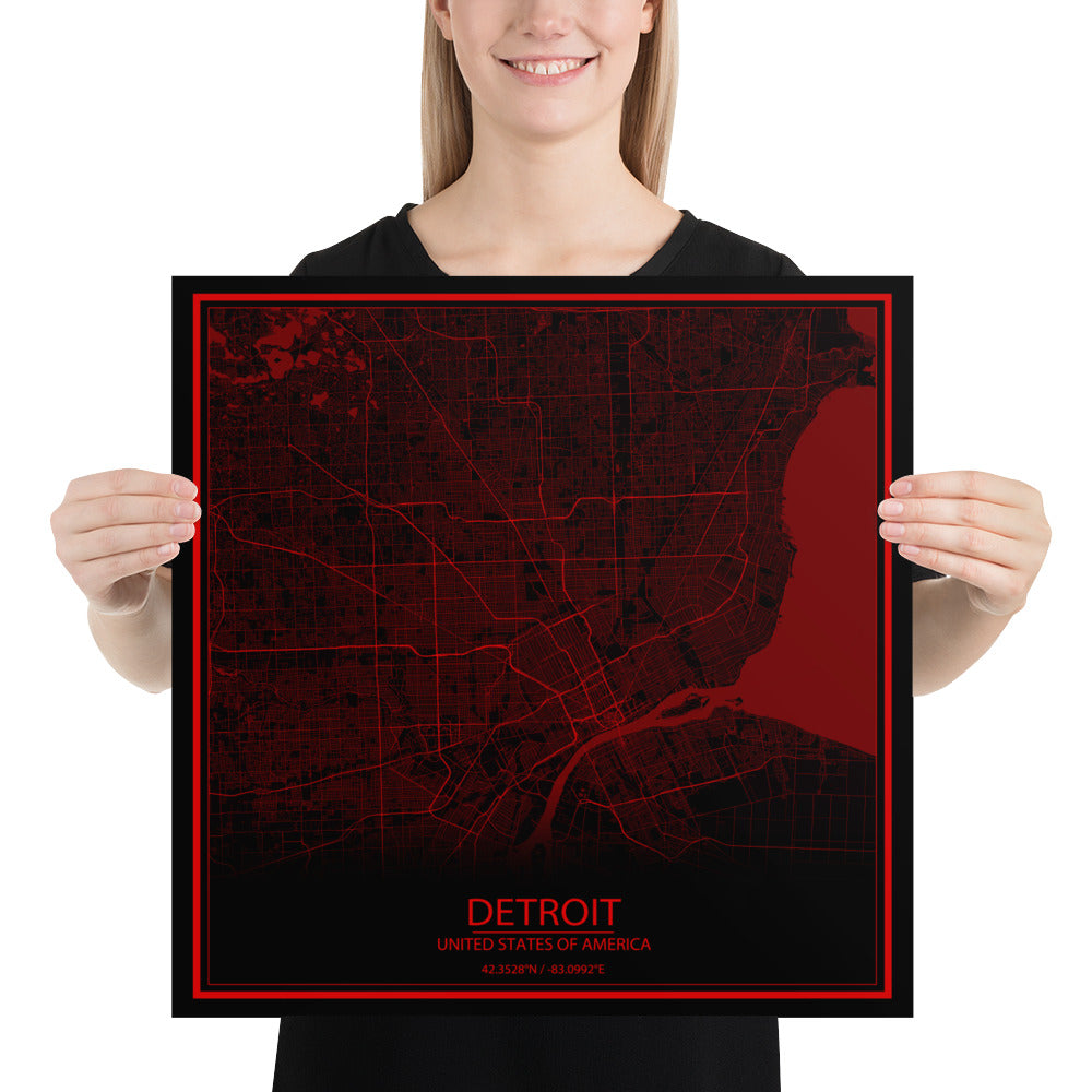 Detroit Black and Red Paper Map