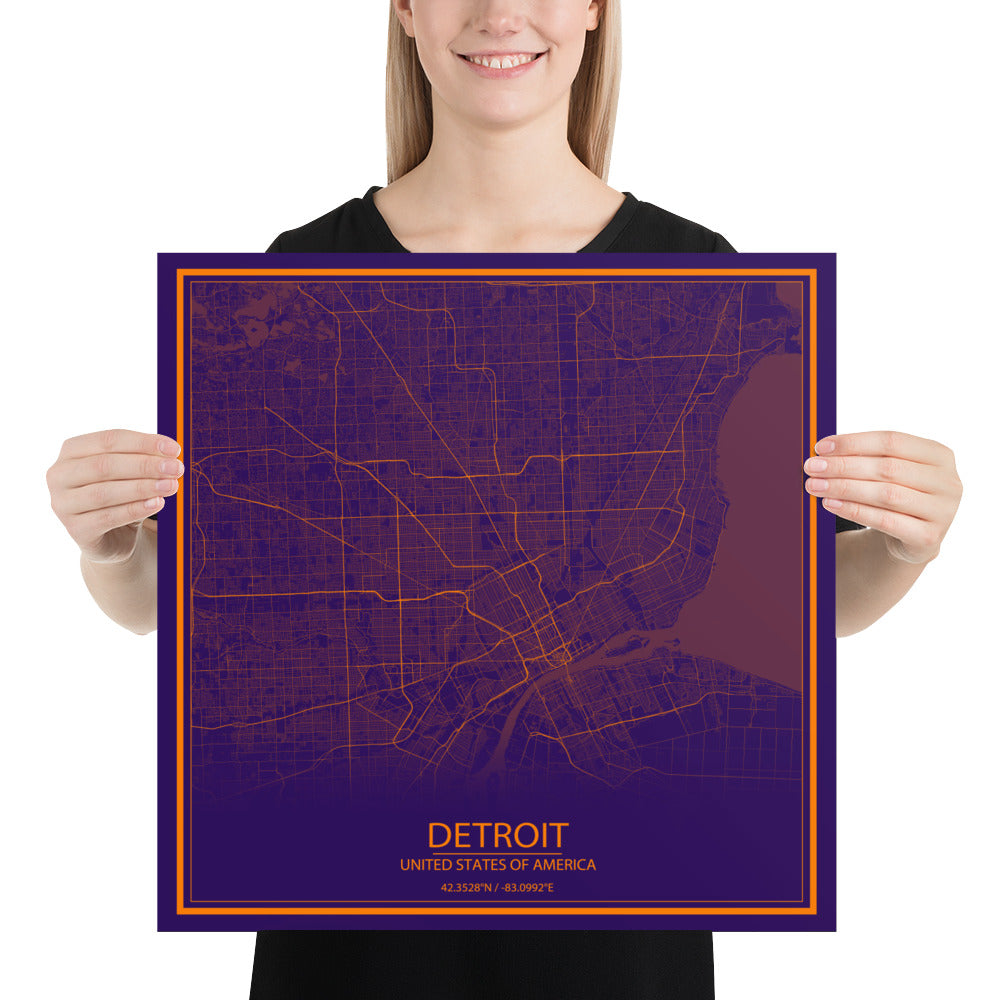 Detroit Purple and Orange Paper Map