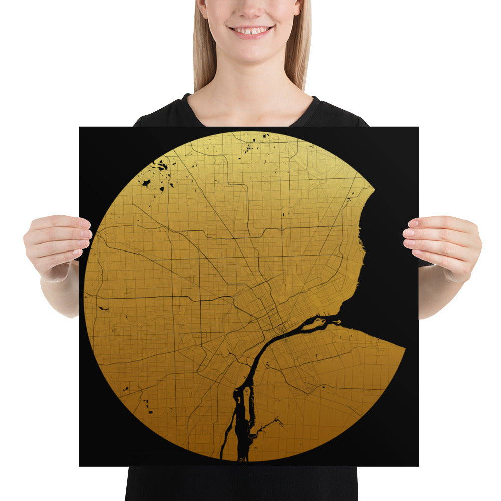 Detroit Gold on Black Paper Map