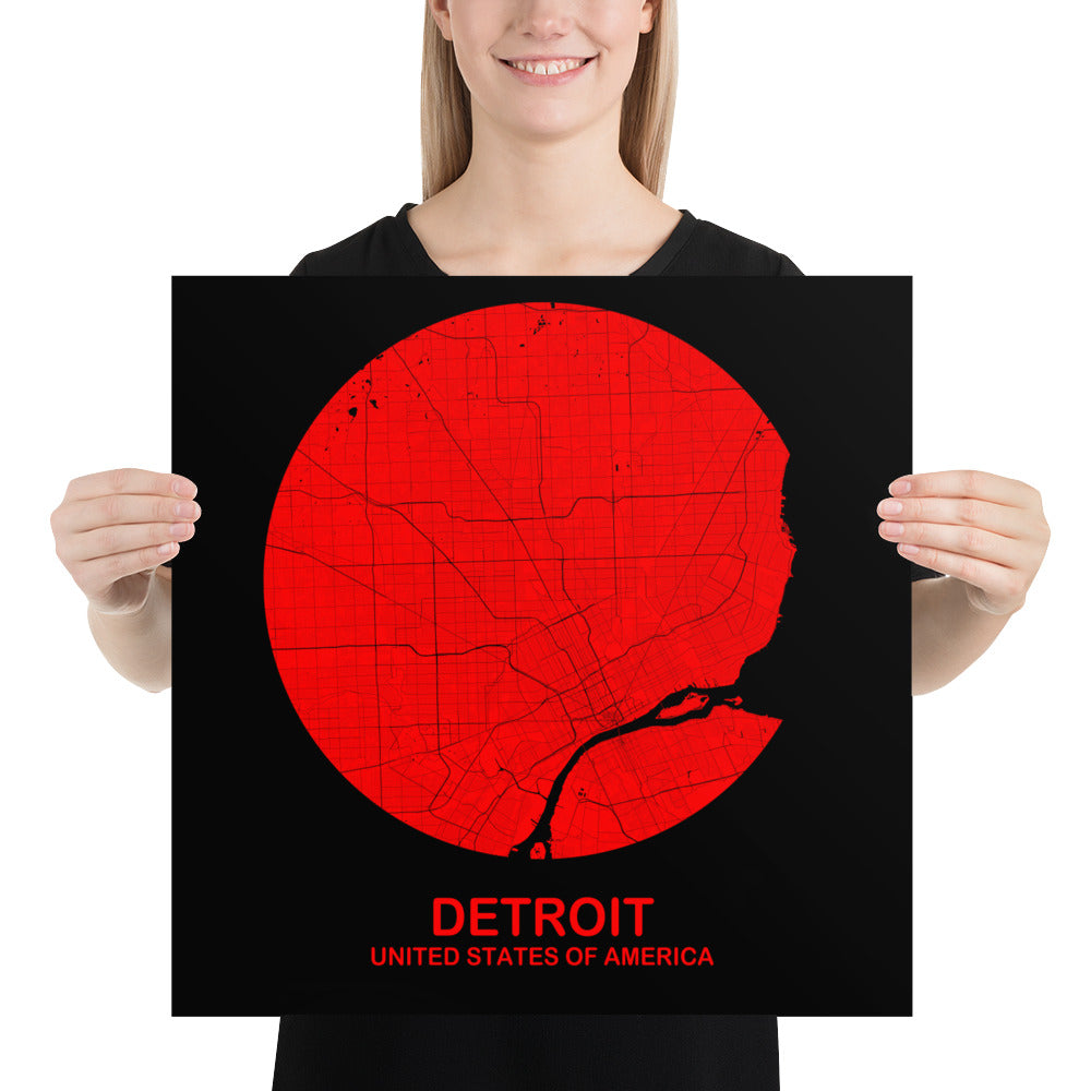 Detroit Circular Red Paper Map