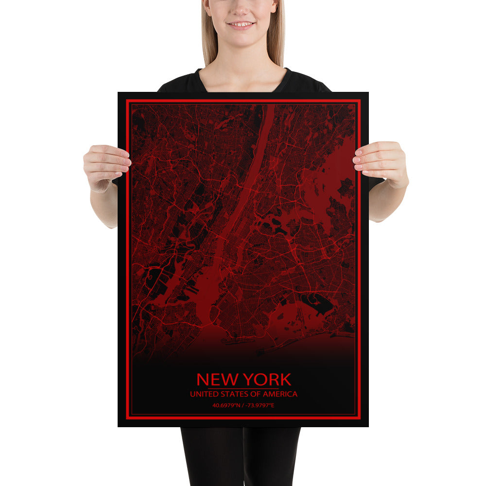 New York Black and Red Paper Map