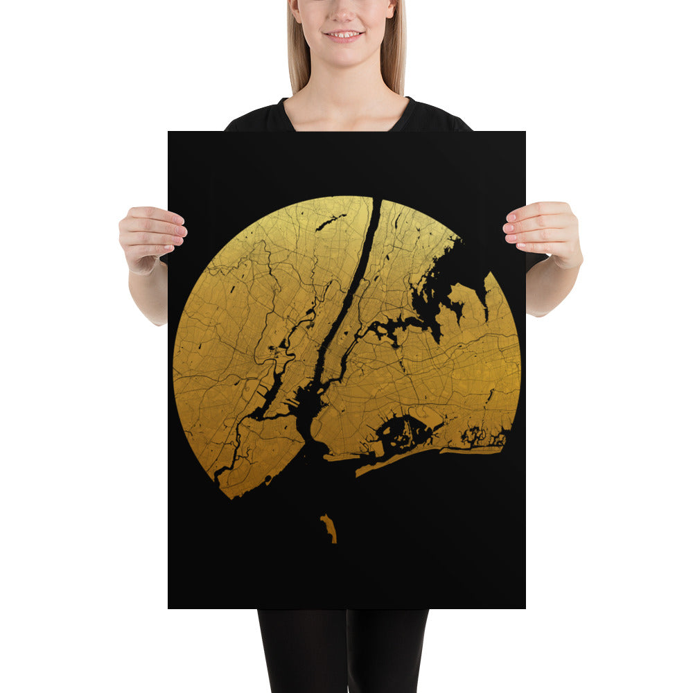 New York Gold on Black Paper Map