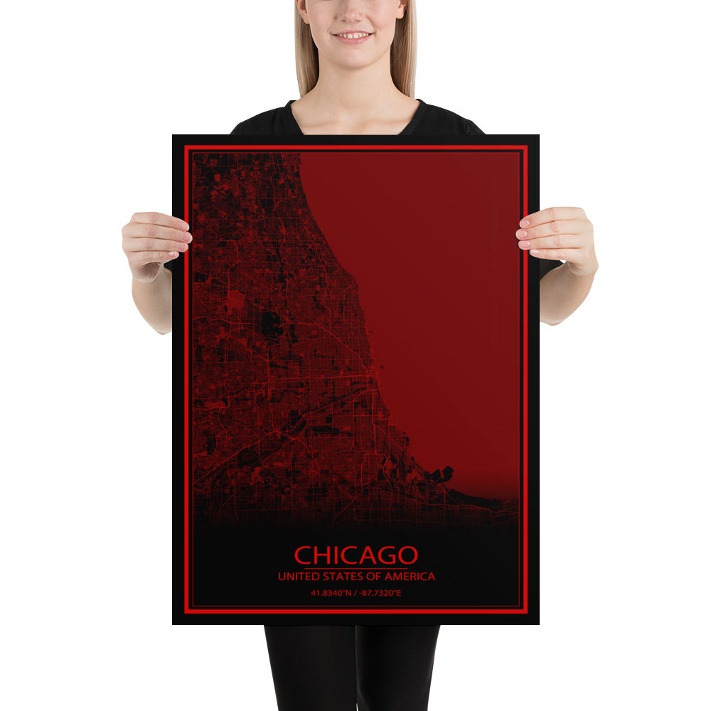 Chicago Black and Red Paper Map