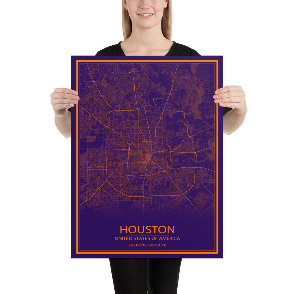 Houston Purple and Orange Paper Map