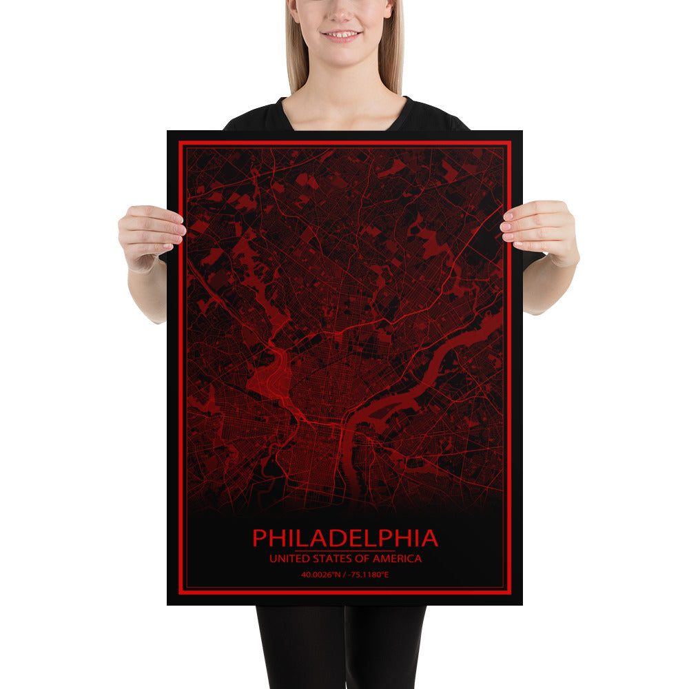 Philadelphia Black and Red Paper Map