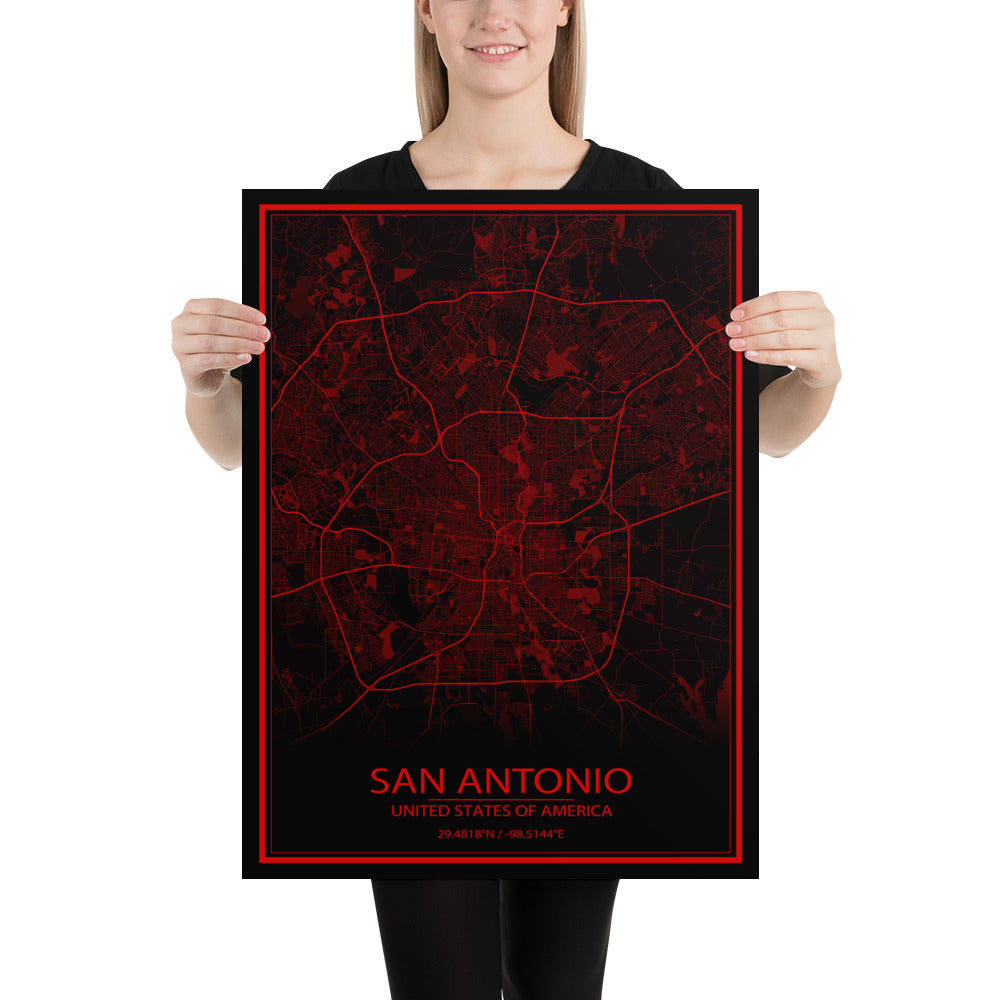 San Antonio Black and Red Paper Map