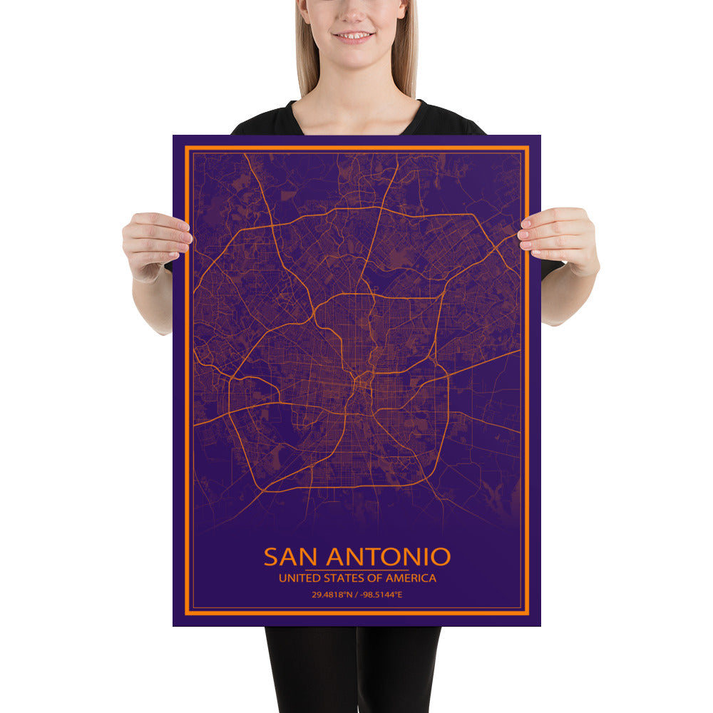 San Antonio Purple and Orange Paper Map