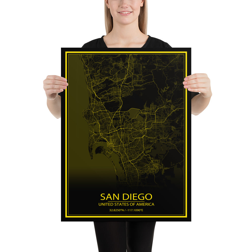 San Diego Black and Yellow Paper Map